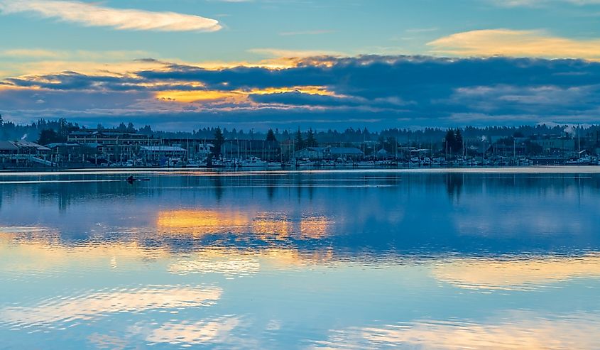 Sunrise along Budd Inlet, Puget Sound, Olympia, Washington State, USA
