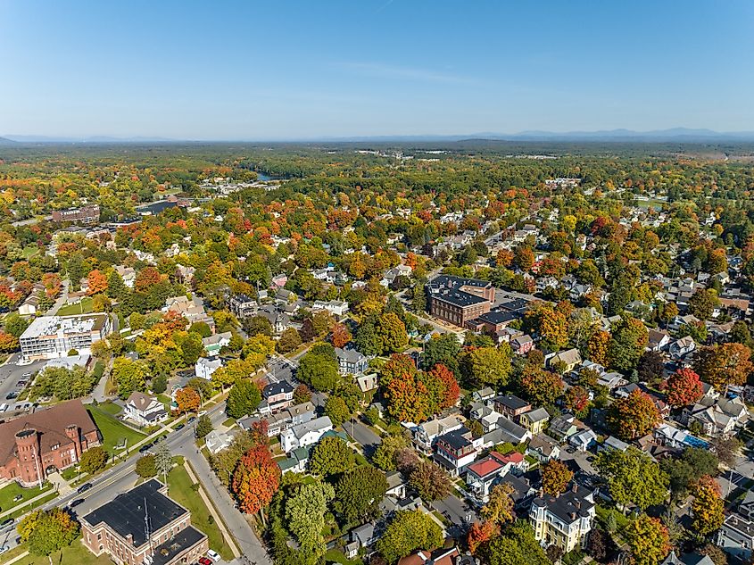 Early afternoon autumn aerial view of Saratoga Springs, New York.