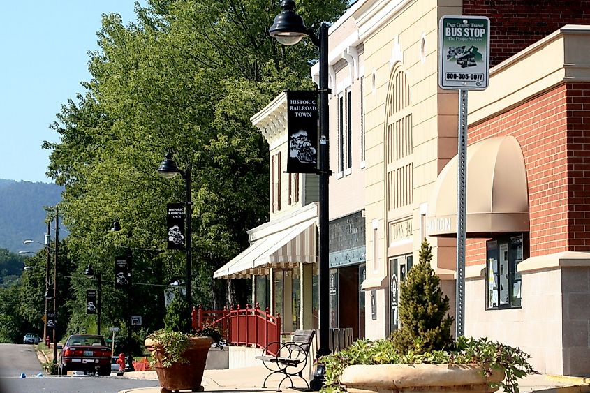 Renovated historic storefronts on a downtown block in Shenandoah