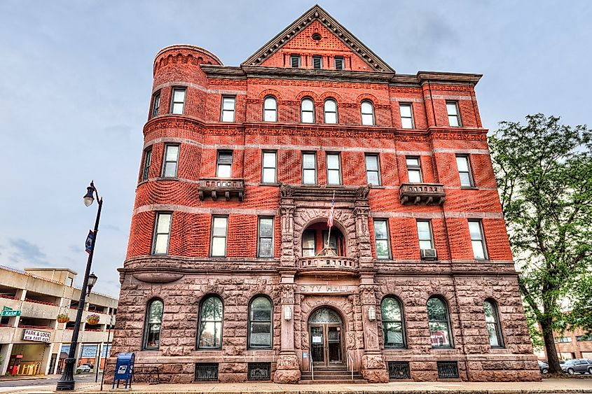 City Hall in downtown city of Wilkes-Barre in Pennsylvania with brick building exterior