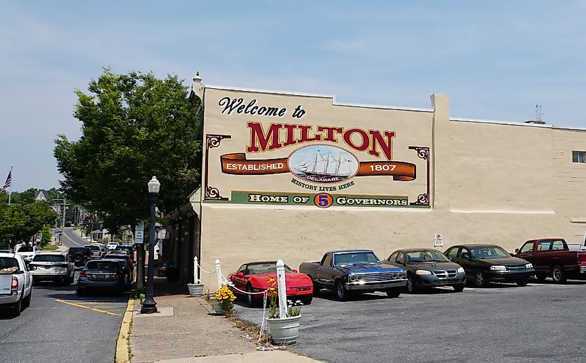 The welcome sign in Milton, Delaware.