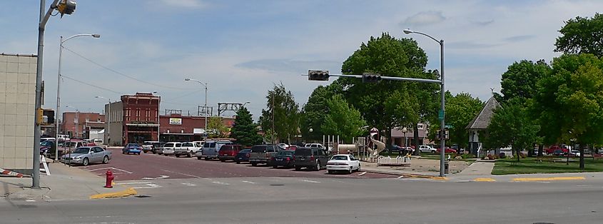 Public square in downtown Broken Bow, Nebraska, seen from the southwes