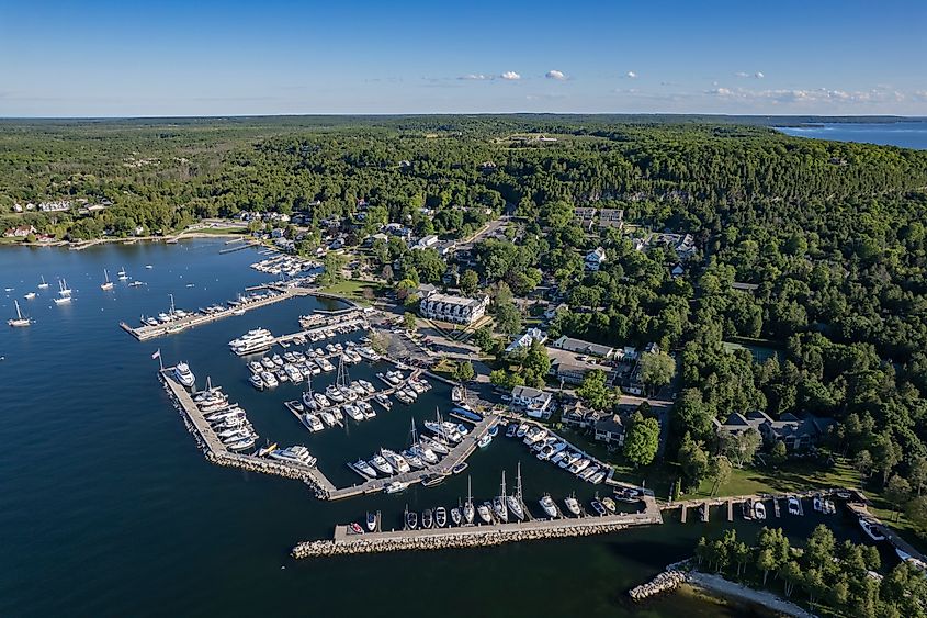 Fish Creek, Wisconsin, located in Door County on the bay of Green Bay, featuring a charming waterfront, local shops, and scenic views of the bay.