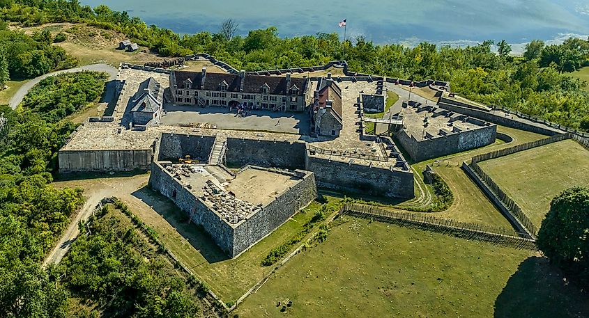 Close-up aerial view of Fort Ticonderoga on Lake George in upstate New York.