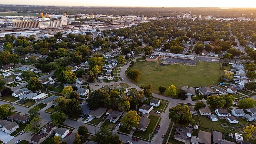 Aerial view of a sunset over Fremont, Nebraska