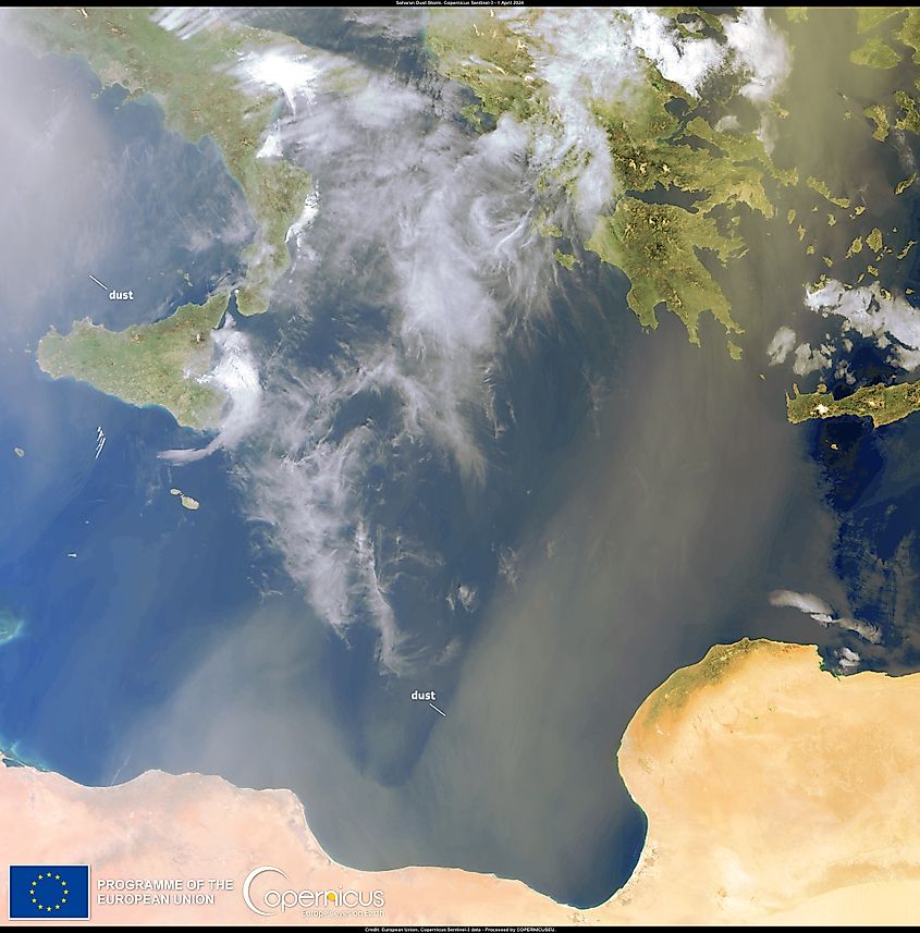 A satellite image of Italy and the Mediterranean provided by Sentinel-3. Image Credit CAMS via Wikimedia.