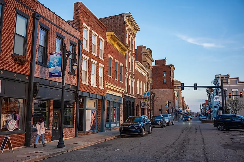 Vincennes, IN, USA: Main Street features boutiques, restaurants, and galleries in the small town of Vincennes, where a total solar eclipse will be visible.