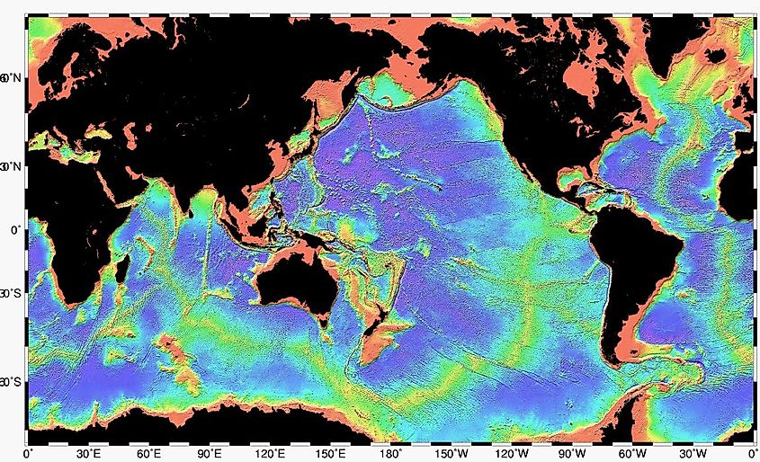 Map showing the mid-ocean ridge system (yellow-green) in Earth's oceans.