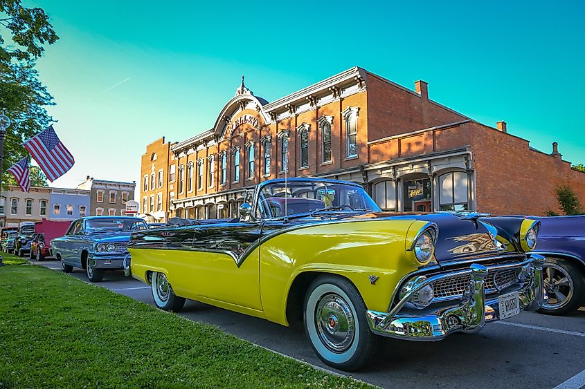 A classic car rally in the town square of Milan, Ohio. 