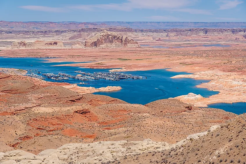 Lake Powell showing severe drought and low water levels.