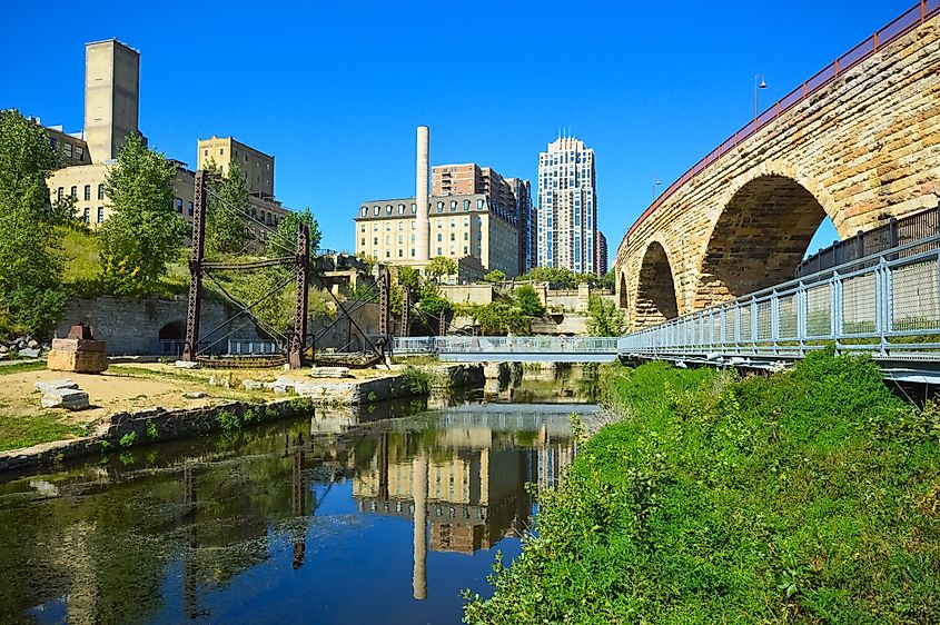 Excavated mill ruins on display in Mill Ruins Park. Minneapolis, Minnesota.