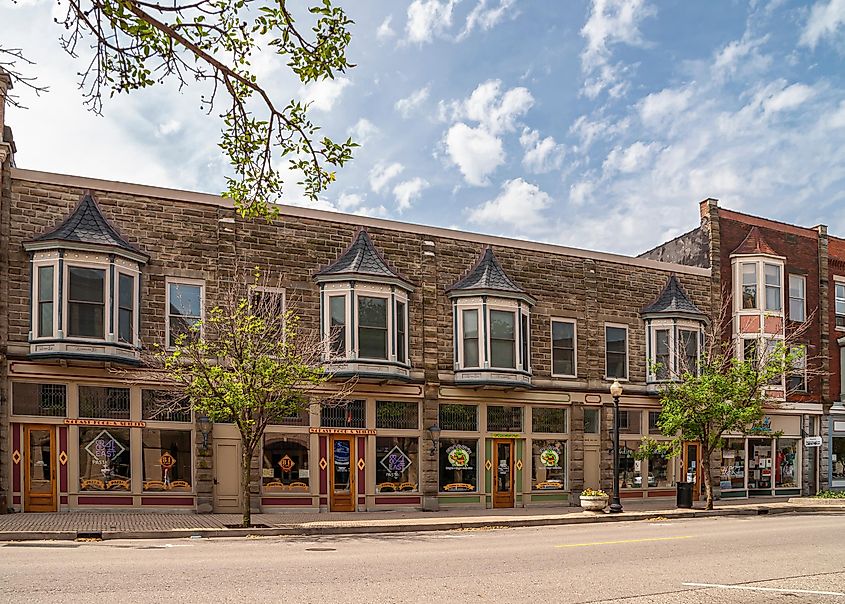 Row of bars and restaurants in downtown Holland, Michigan, under a blue sky with green foliage.