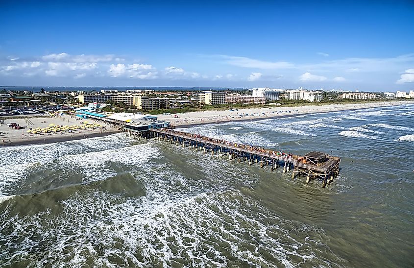 Daytime Cocoa Beach Pier aerial view, Cape Canaveral, Florida