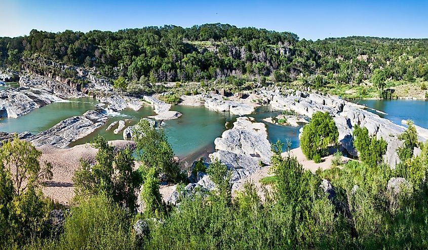 Panoramic view of Pedernales River Falls, in Pedernales Falls State Park.