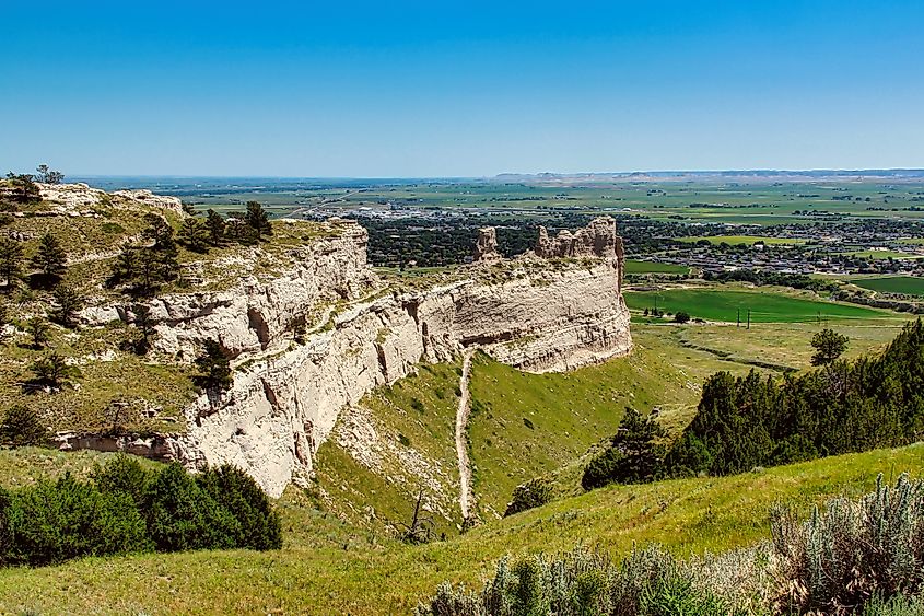 View of Saddle Rock and the City of Gering, Nebraska, from the top of the Scotts Bluff National Monument in summer