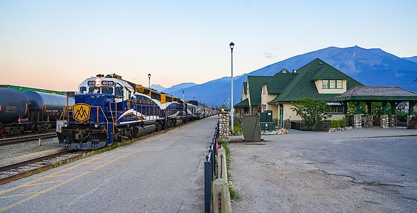 Rocky Mountaineer luxury sightseeing train departing Jasper, Alberta, Canada