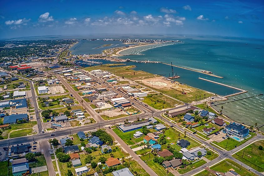 Aerial View of the Coastal Town of Rockport, Texas, on the Gulf of Mexico.