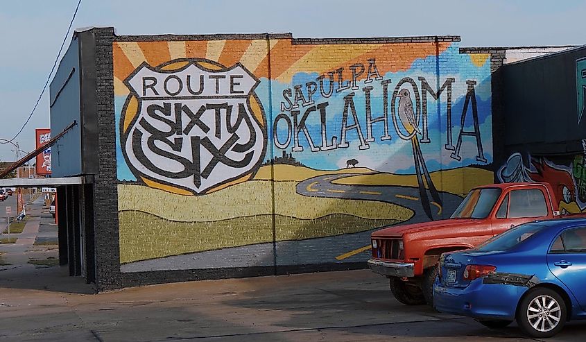 The beautiful wall at Route 66 in the city of Sapulpa, Oklahoma. Image credit 4kclips via stock.adobe.com