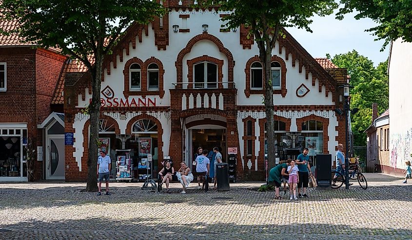 Historical city center of the village with the old market square in Burg auf Fehmarn, Holstein, Germany.