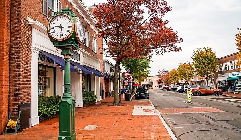 New Canaan view from Elm Street in autumn morning with colored trees in October