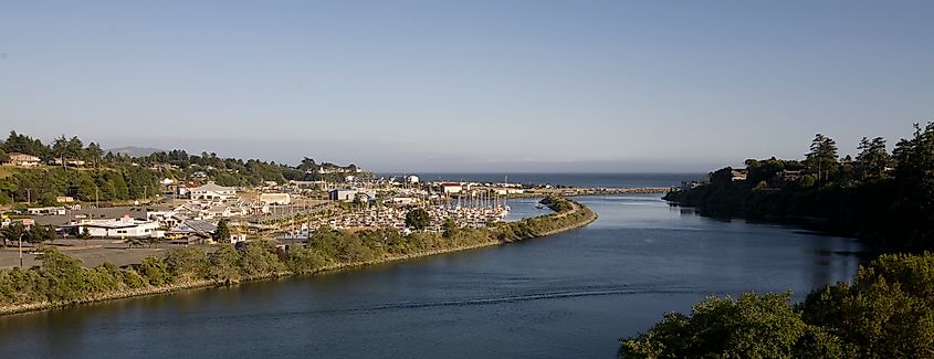 The mouth of the Chetco River and Brookings Harbor in Brookings, Curry County, Southwest Oregon.