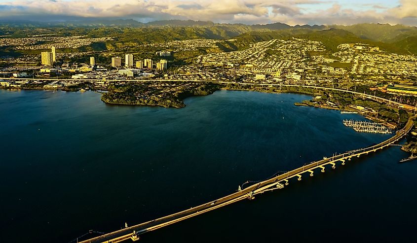 An aerial view of Aiea neighborhood in Ohau, Honolulu, Hawaii, United States