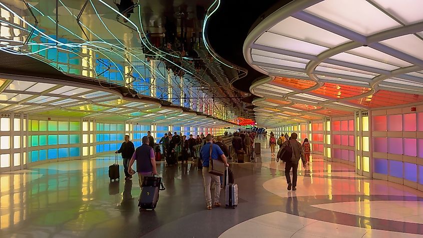 Chicago O'Hare Airport modern terminal with colorful lighting