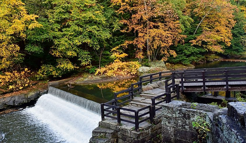 The waterfall at McConnell's Mill State Park with fall foliage.