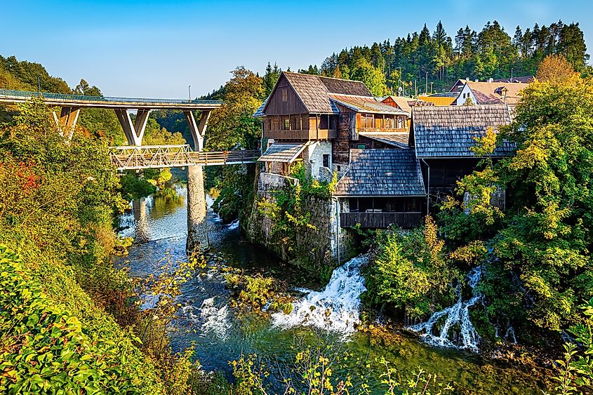 The modern viaduct over the Slunjcica River in Rastoke, Croatia.