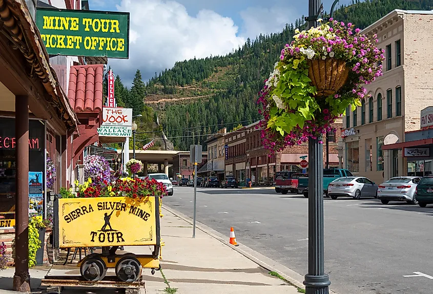 A picturesque main street in the historic mining town of Wallace, Idaho.