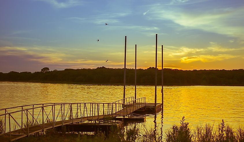 Golden sunset over the port at lake Thunderbird, Norman, Oklahoma.