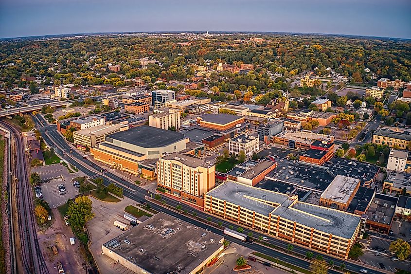 Aerial view of Mankato, Minnesota, at dusk.