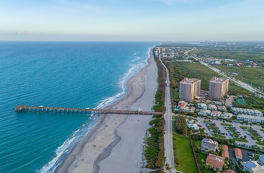 Aerial view of the pier in Juno Beach, Florida.