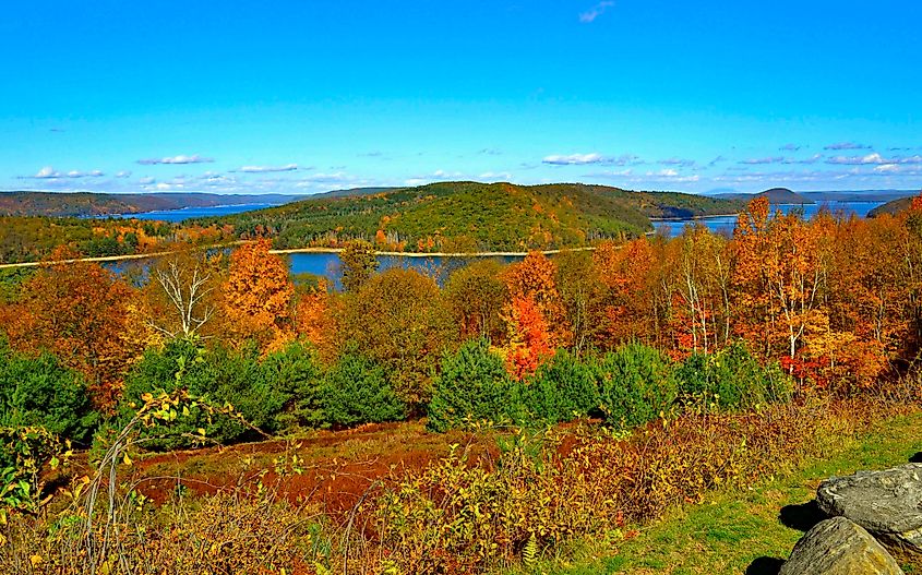 Quabbin Reservoir in Massachusetts during peak foliage season.