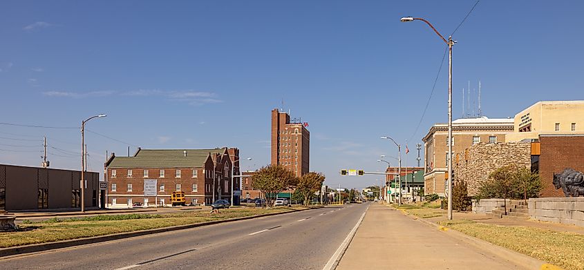 The citys downtown as seen on Carl Albert Parkway. McAlester, Oklahoma, USA. Editorial credit: Roberto Galan / Shutterstock.com