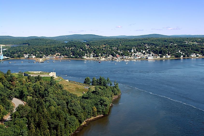 The scenic Penobscot River between historic Fort Knox and the quaint town of Bucksport in Maine