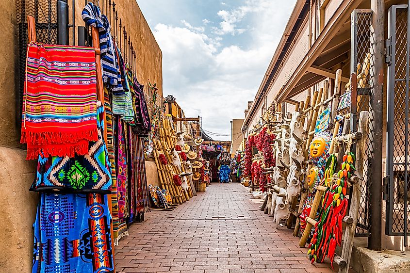 One of many outdoor markets, bazaars and shops around the plaza in downtown Santa Fe, New Mexico. Editorial credit: Gestalt Imagery / Shutterstock.com