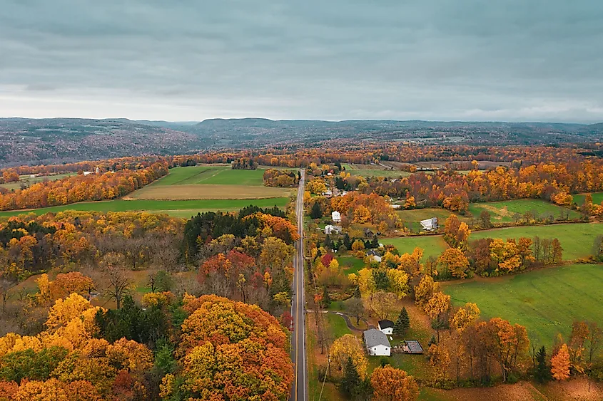 Aerial view of a road near Ithaca during autumn in New York.