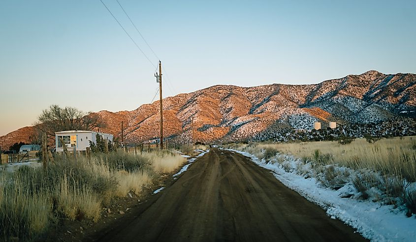 Road and snowy mountains, Magdalena, New Mexico