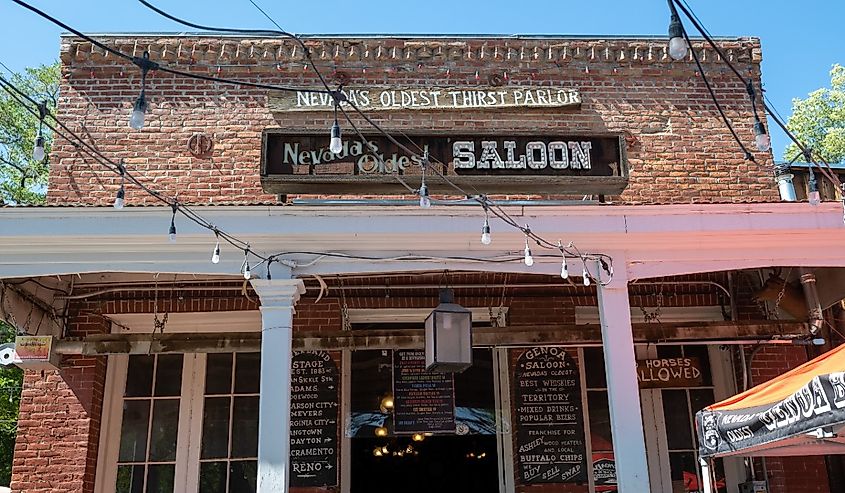 Nevada’s oldest bar, front view, brickwork historic building, Genoa, Nevada