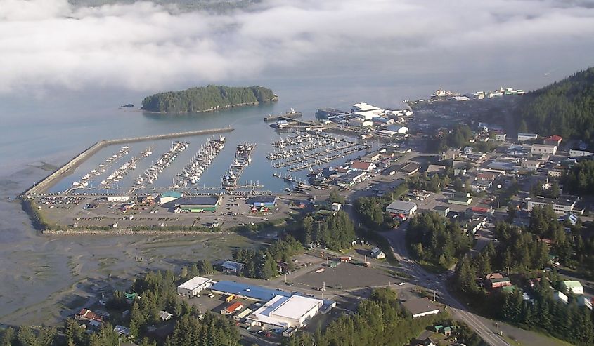 Aerial view of the harbor in Cordova, Alaska