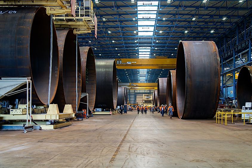 Steelwind factory hall where sheets are formed for the construction of wind turbine towers in Germany.