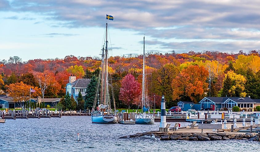 Sister Bay Town harbour view with fall foliage in Door County of Wisconsin