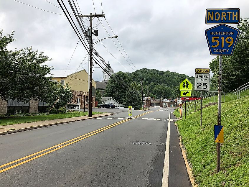 View north along Hunterdon County Route 519 (Frenchtown Road) at Mount Pleasant Road in Milford, Hunterdon County, New Jersey