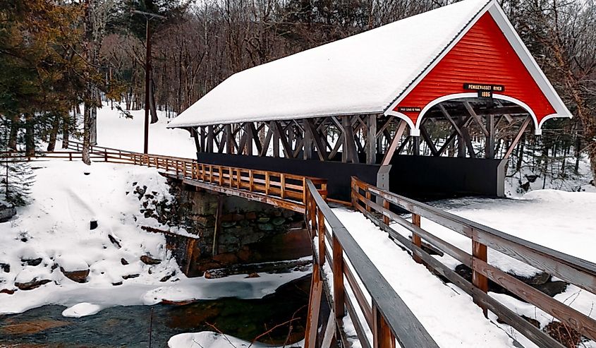 Covered bridge of Flume Gorge in the White Mountains of New Hampshire