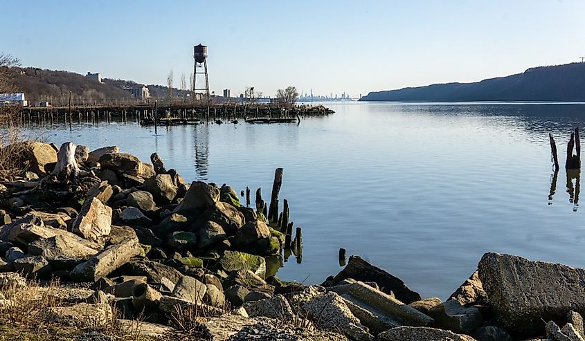 Landscape view of MacEachron Waterfront Park, on the Hudson River in Hastings on Hudson, New York.