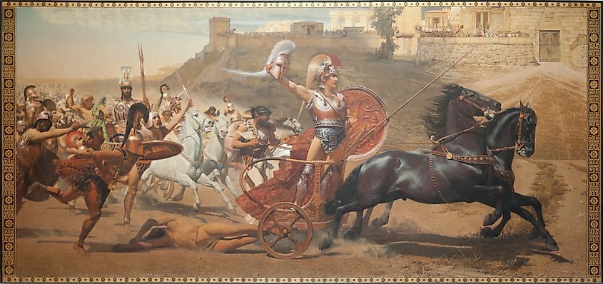 Achilles drags Hector's body in front of the gates of Troy. Fresco in Corfu, Greece.