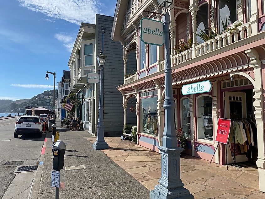 A women’s boutique next to a row of two-story, San Francisco-style homes-turned-shops on Sausalito’s main street.