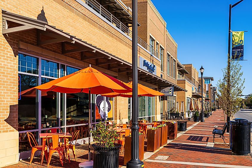 View of Red Brick Sidewalk in Downtown Holly Springs from the Sir Walter Coffee Shop. Editorial credit: Wileydoc / Shutterstock.com