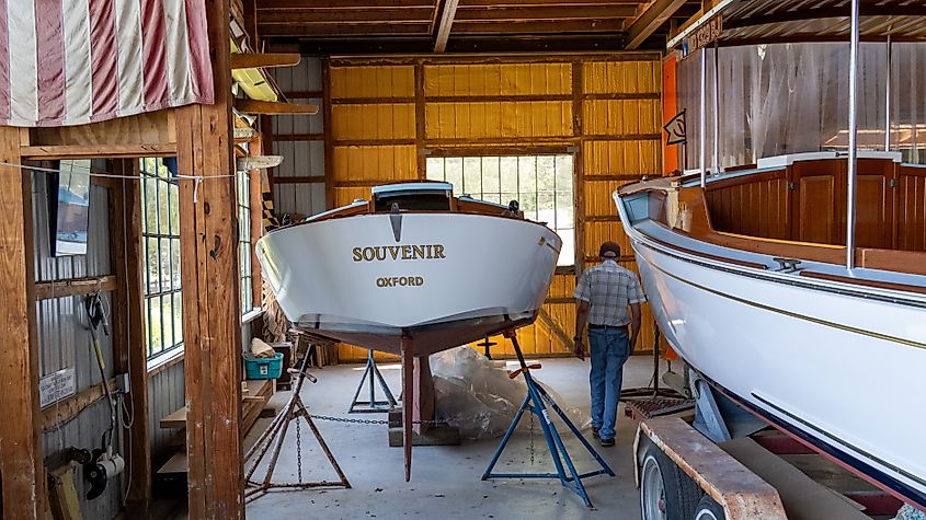 The Souvenir undergoing restoration at Cutts and Case Boatyard in Oxford, Maryland.